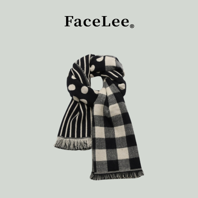 FaceLee日本设计师联名款韩版波点流苏黑色围巾女秋冬季格子保暖