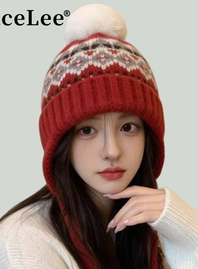 FaceLee日本设计师联名款新年费尔岛提花红色针织帽子女士冬骑车