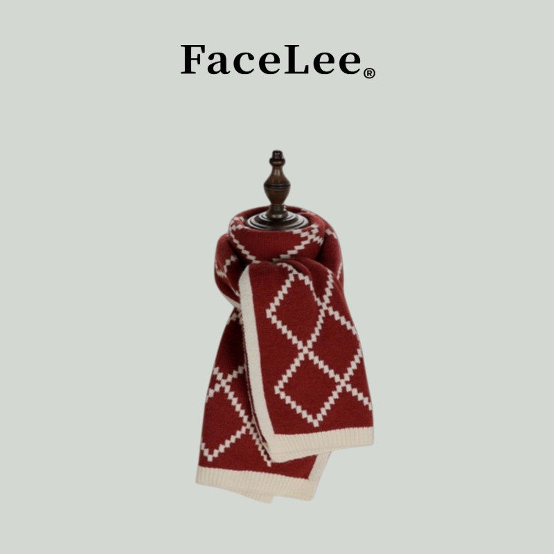 FaceLee日本设计师联名款生日礼物红色围巾女冬季格子百搭情侣新