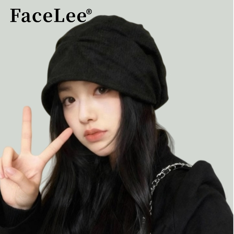 FaceLee日本设计师联名款小众褶皱冷帽女款秋冬灯芯绒贝雷帽大头