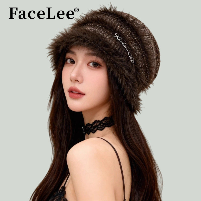 FaceLee日本设计师联名款复古咖啡色毛绒针织堆堆帽子女2025冬季