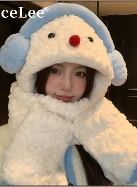 FaceLee日本设计师联名款可爱雪人耳机毛绒帽子围巾一体女冬季保