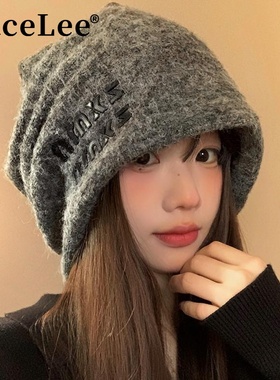 FaceLee日本设计师联名款含羊毛灰色针织堆堆帽女秋冬季大头围保