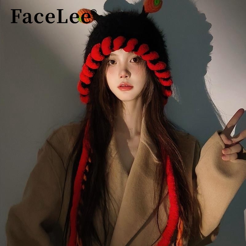 FaceLee日本设计师联名款奶油饼干甜美可爱小怪兽手工针织保暖帽