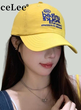 FaceLee日本设计师联名款韩版黄色刺绣棒球帽女秋冬季百搭大头围