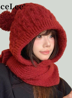 FaceLee日本设计师联名款韩系ins毛球红色针织帽女冬季保暖毛线帽