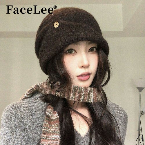 FaceLee日本设计师联名款日系简约纯色针织堆堆帽女款秋冬新款宽