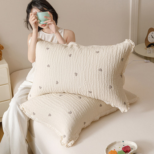 韩式全棉纱布色织提花枕套柔软可当枕巾纯棉枕头套一对装2025新款