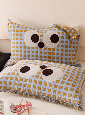 安懒懒 纯棉四层纱布枕巾一对装全棉流苏可爱枕头巾加宽大52X75cm