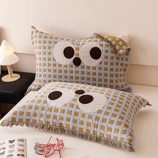 安懒懒 全棉流苏可爱枕头巾加宽大52X75cm 纯棉四层纱布枕巾一对装