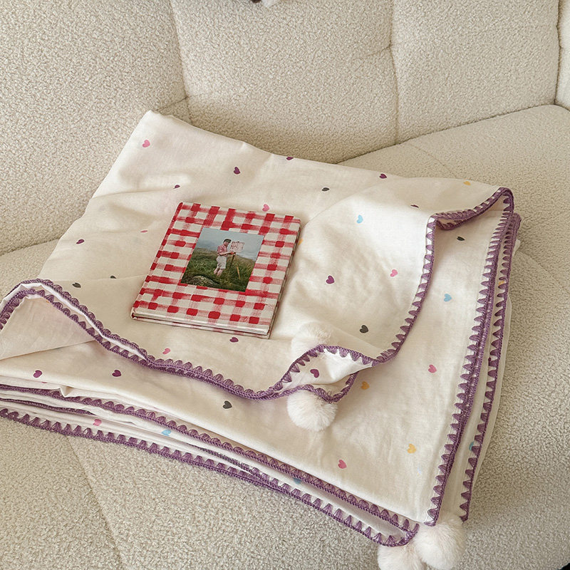 安懒懒 全棉纯棉双层纱提花工艺波点毛球装饰毯子午休盖毯沙发毯