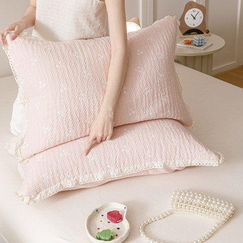 韩式全棉纱布色织提花枕套柔软可当枕巾纯棉枕头套一对装2025新款