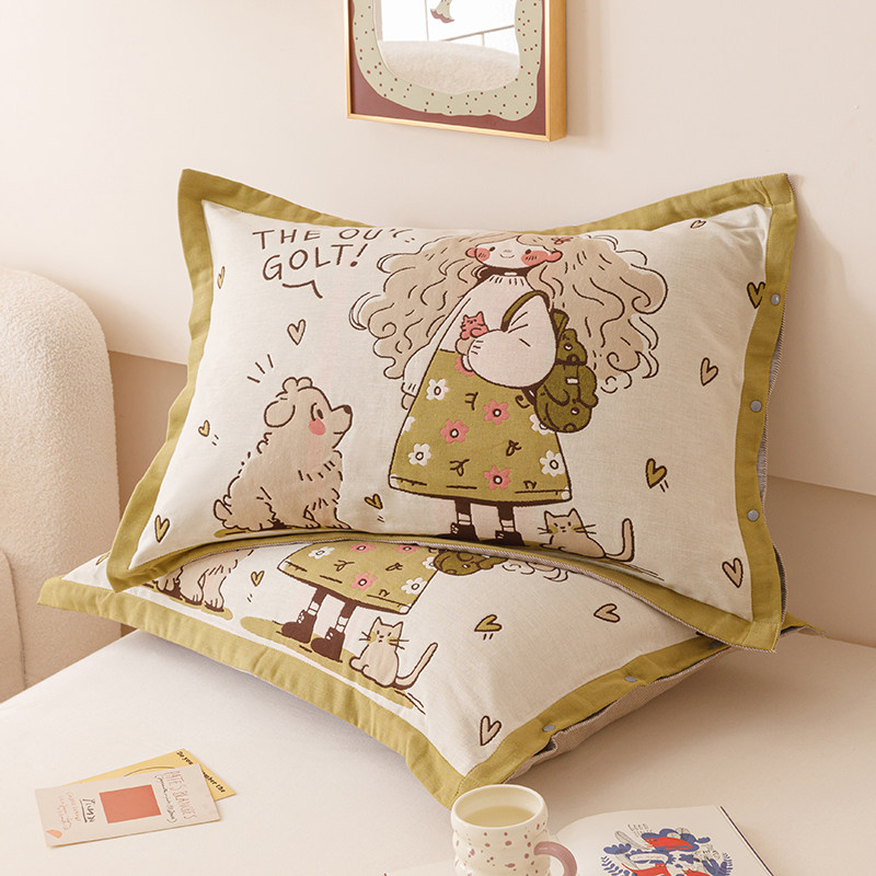 A类全棉四层提花纱布按扣枕套一对枕头套成人家用2025新款48X74cm