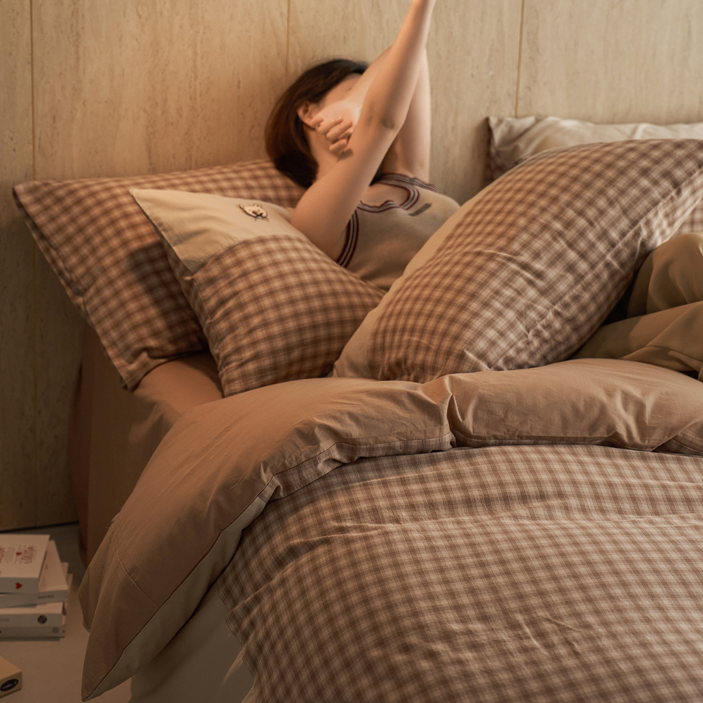 安懒懒 全棉纯棉色织水洗棉自然格子床单床笠枕套四件套1.8床1.5m,床上用品,床品套件/四件套/多件套,淘宝优惠券,粉丝福利购,淘宝优惠卷