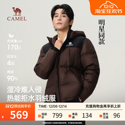 骆驼撞色立领连帽保暖防风羽绒服