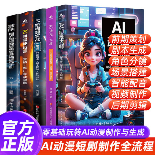 【全套5册】AI动漫大师：动漫短剧生成与制作+AI短视频实战一本通+AI动漫一本通+AI新媒体运营+剪映 零基础入门到精通全流程书籍