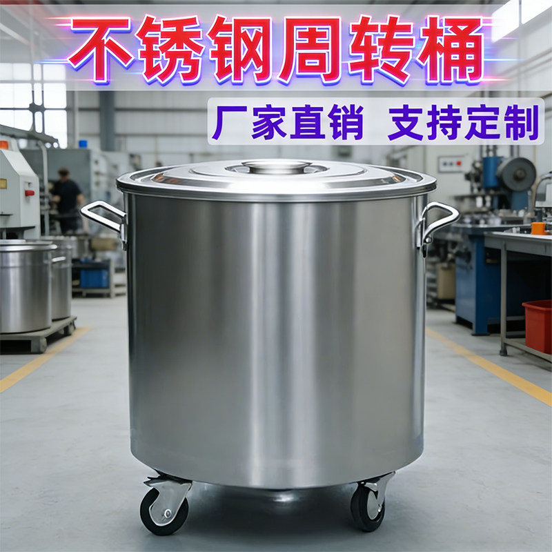 不锈钢桶周转桶移动带盖商用带脚轮大容量商用拉缸搅拌桶圆桶特厚
