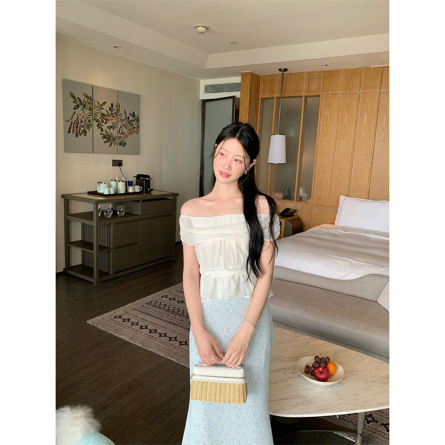 JeJuna炸鸡欧尼 初夏风铃 轻熟法式衬衫一字肩泡泡袖上衣鱼尾裙女