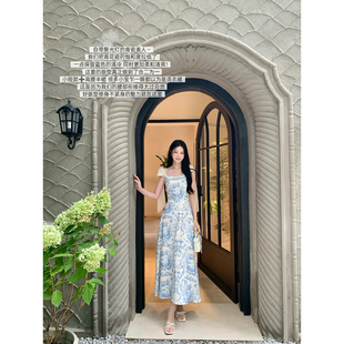 JeJuna炸鸡欧尼 瓷蓝夏梦 蝴蝶系带青花瓷套装吊带上衣长款半身裙
