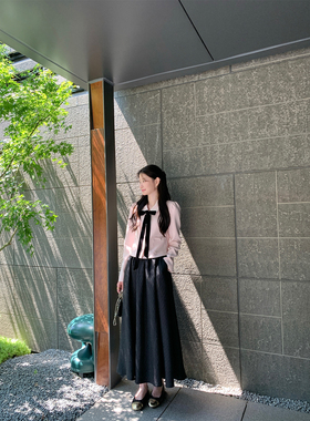 炸鸡欧尼JeJuna 金粉世家 韩系蝴蝶结系带粉黑小外套黑色提花伞裙