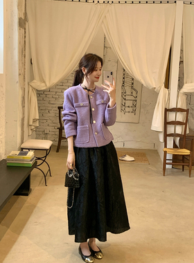 JeJuna炸鸡欧尼 月夜紫罗兰 毛感紫色外套黑色提花半裙小香风套装