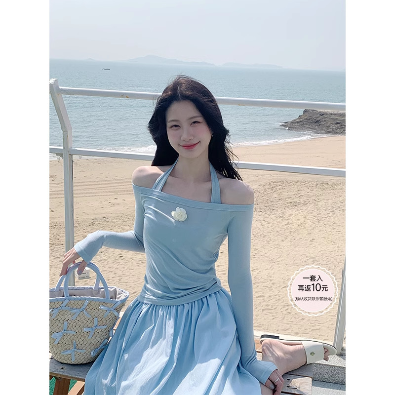 JeJuna炸鸡欧尼 海岛日记 春夏舒适蓝色一字肩tee挂脖吊带连衣裙