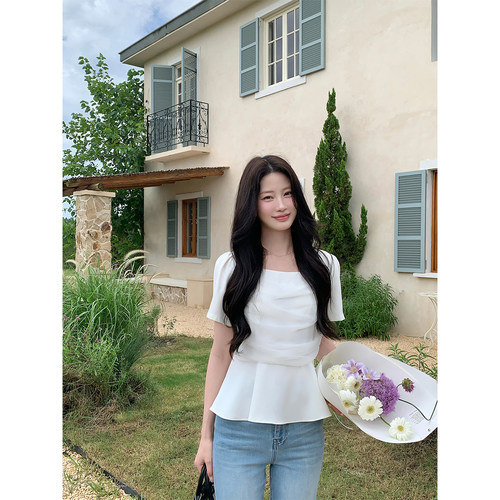 JeJuna炸鸡欧尼 月光白昼 方领网纱荡褶泡泡袖上衣女白色修身短袖