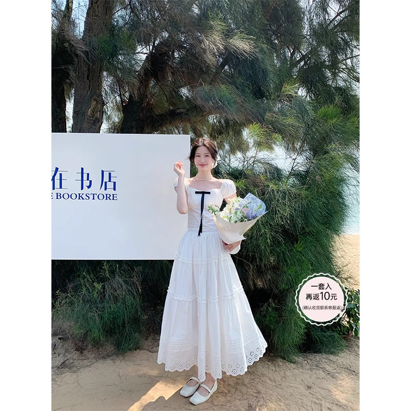 JeJuna炸鸡欧尼 夏日列车 纯棉天丝法式蝴蝶结上衣刺绣花边伞裙女