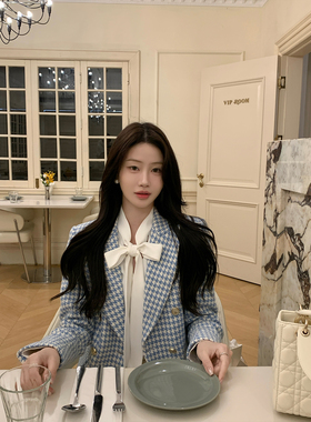 炸鸡欧尼 JeJuna海盐初恋 蓝色千鸟格羊毛外套白色系带丝绒半裙女