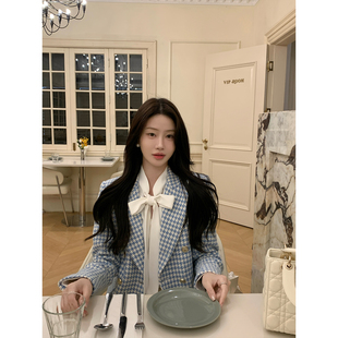 炸鸡欧尼 蓝色千鸟格羊毛外套白色系带丝绒半裙女 JeJuna海盐初恋