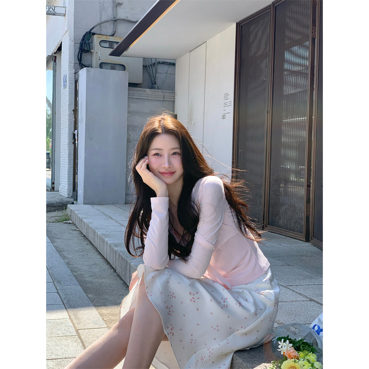炸鸡欧尼JeJuna 盛夏甜梦 夏季莱赛尔开衫少女粉上衣碎花中裙套装