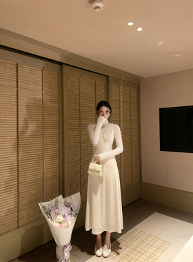 炸鸡欧尼JeJuna 珍珠来信 奶油色精致显瘦丝绒钉珠裙温柔氛围长裙