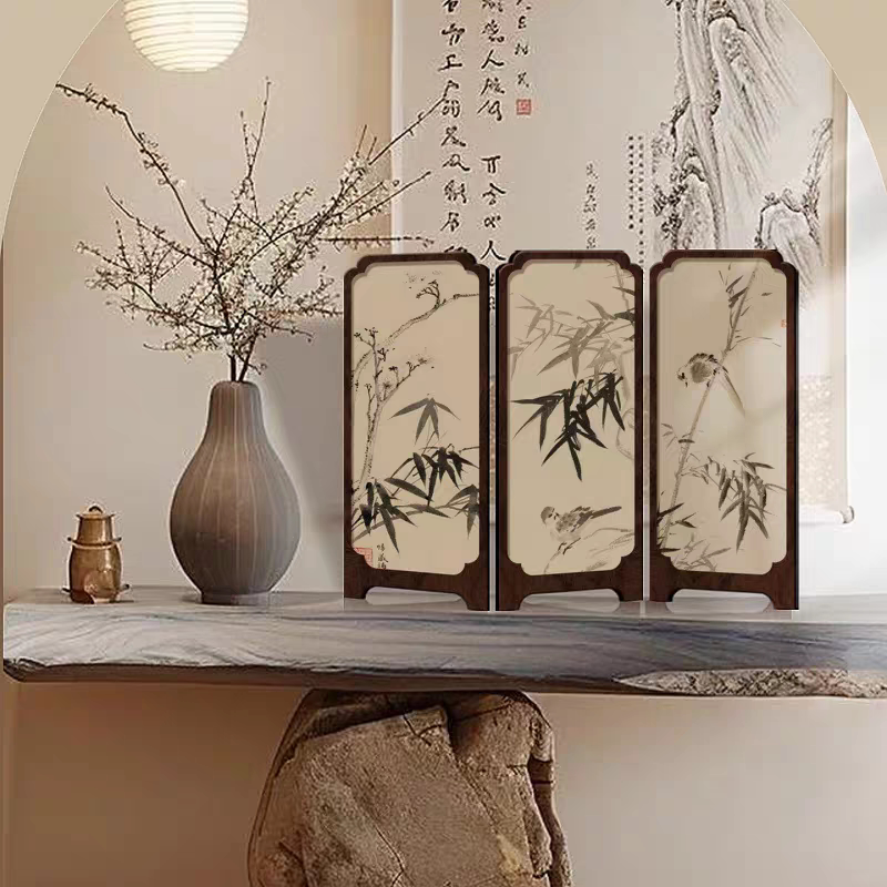 新中式花鸟桌面屏风隔断客厅茶室装饰摆件三扇折叠小屏风摆画