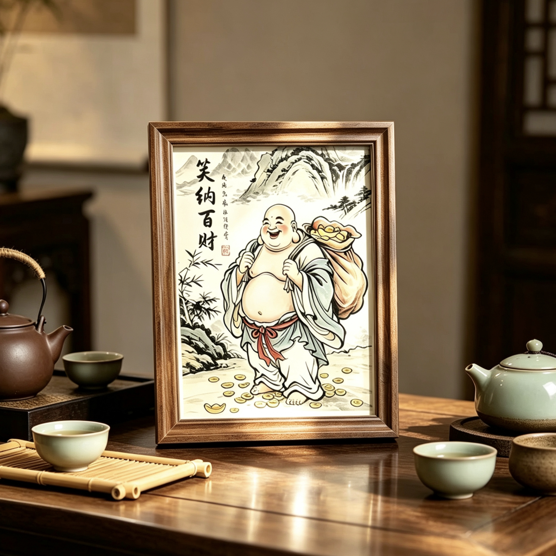 笑口常开摆件佛像弥勒佛摆件字画书法笑佛佛系摆台相框客厅装饰画