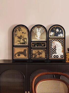中古风桌面屏风摆件高级感复古入户玄关柜摆台画客厅电视柜装饰品