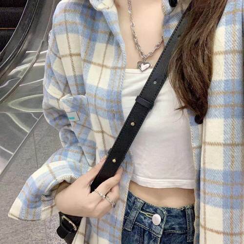 休闲格子衬衫女宽松叠穿慵懒风中长款遮肉衬衣外套长袖