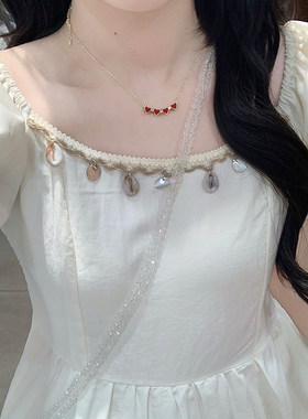 甜美收腰方领流苏连衣裙女夏季2025新款初高中学生法式气质长裙子