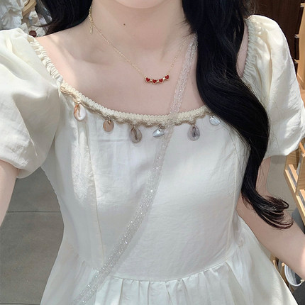 甜美收腰方领流苏连衣裙女夏季2025新款初高中学生法式气质长裙子
