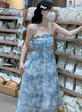 海边度假风晕染碎花吊带连衣裙女夏小个子气质甜美超好看绝美长裙