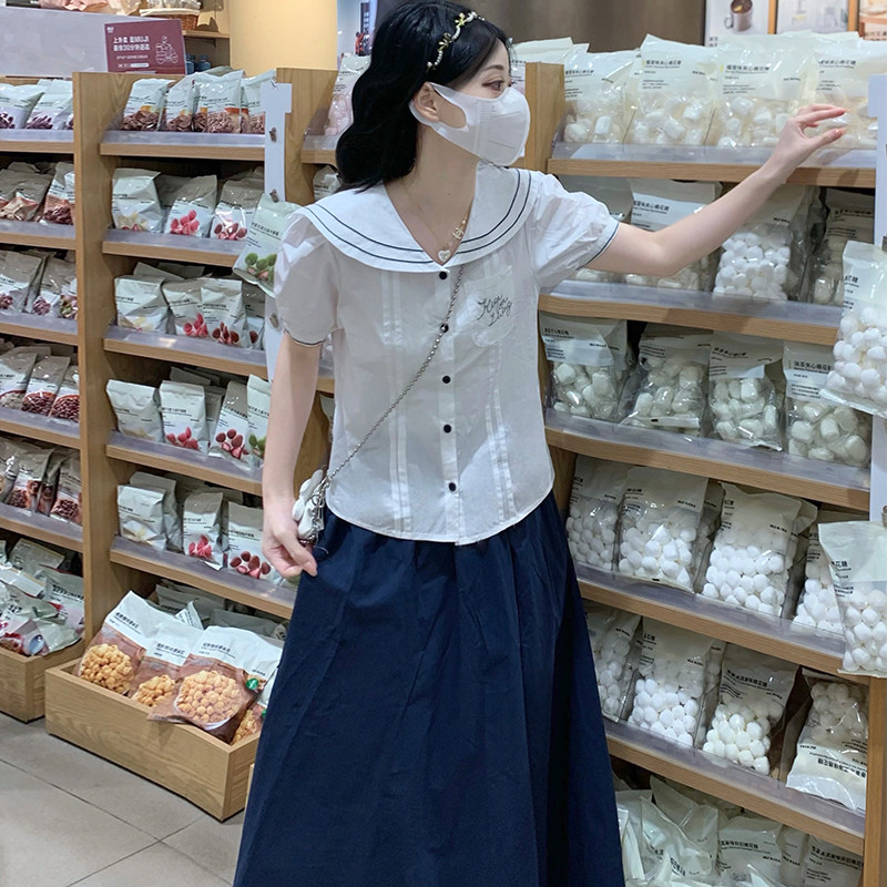 女大童白色衬衫半裙套装夏季复古学院海军领高中初中生撞色两件套图片