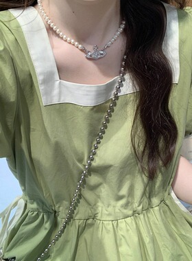茶歇法式绿色连衣裙夏高级感气质收腰甜美方领泡泡袖温柔初恋长裙