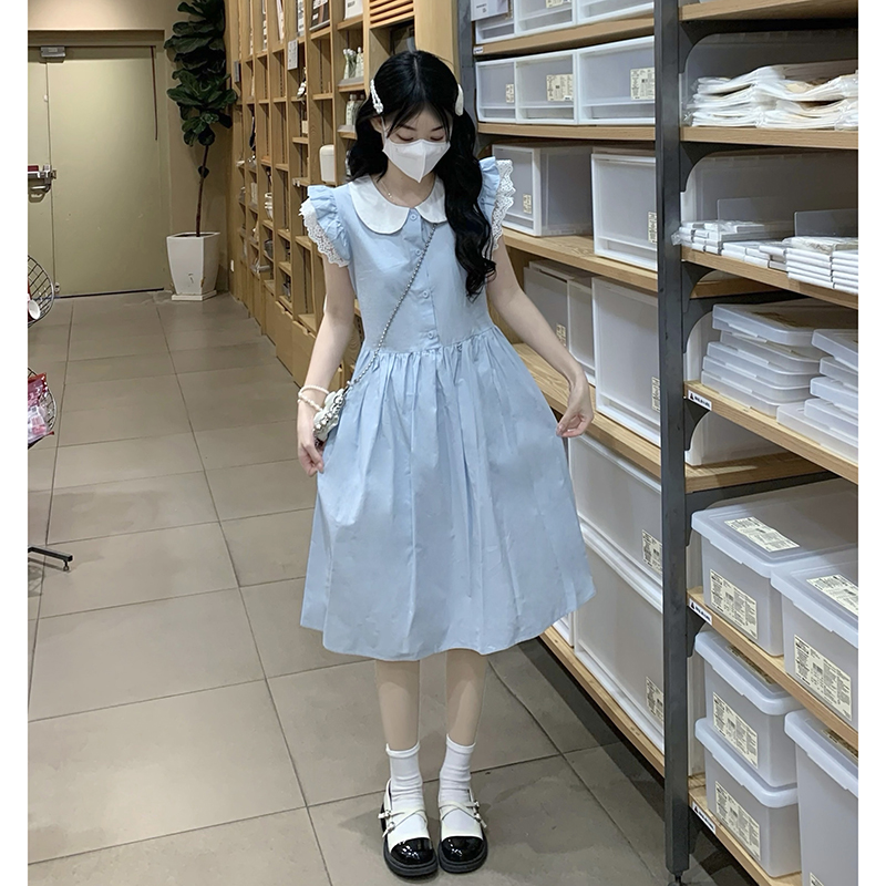 初中生甜美学院风连衣裙夏新款15岁少女大童洋气可爱娃娃领中长裙