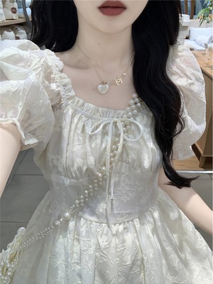 法式初恋奶甜泡泡袖连衣裙女夏小个子气质收腰甜美温柔风仙女长裙