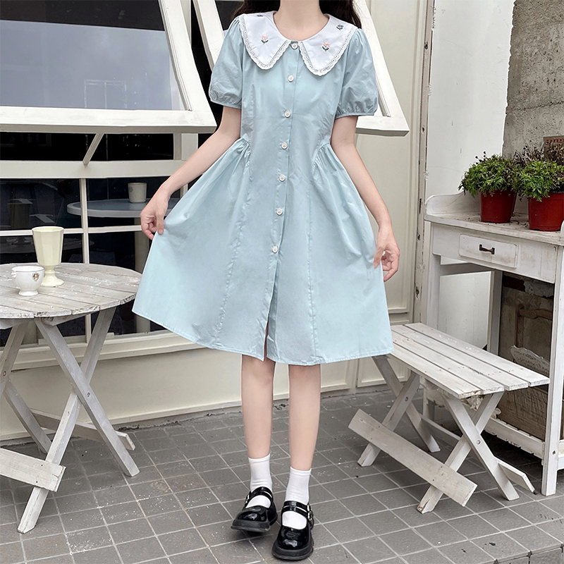 女大童娃娃领刺绣纯棉夏季初中生连衣裙学院风少女微胖12岁女孩