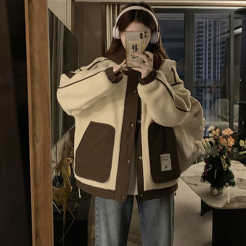 学院风拼接连帽棉衣女秋冬2024新款初高中学生毛绒夹棉棒球服外套