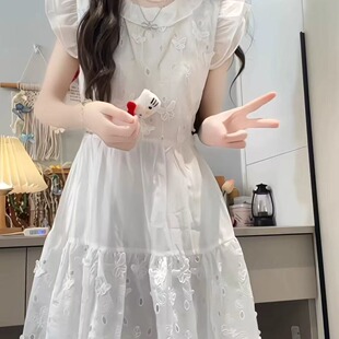 仙女白色连衣裙女大童夏季2025新款蝴蝶飞袖白月光绝美初中生裙子