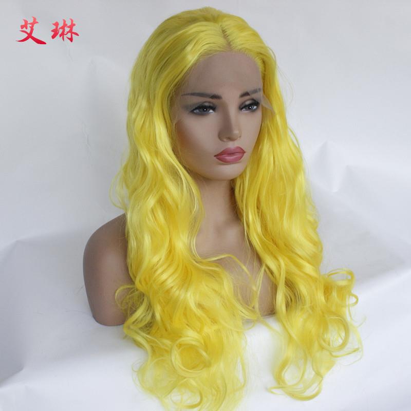 新款直销欧美新品时尚黄色大波浪头长卷假发化纤前蕾丝半手织头套