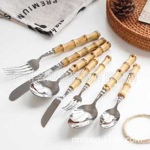 新款直销新款黄色竹节柄304不锈钢餐刀叉勺子汤勺茶勺饼叉西餐餐