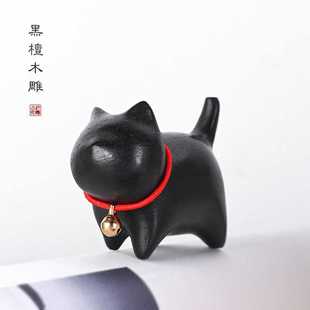 新款直销黑檀木雕刻小猫小铃铛创意摆件绿檀可爱小猫咪木猫文玩手