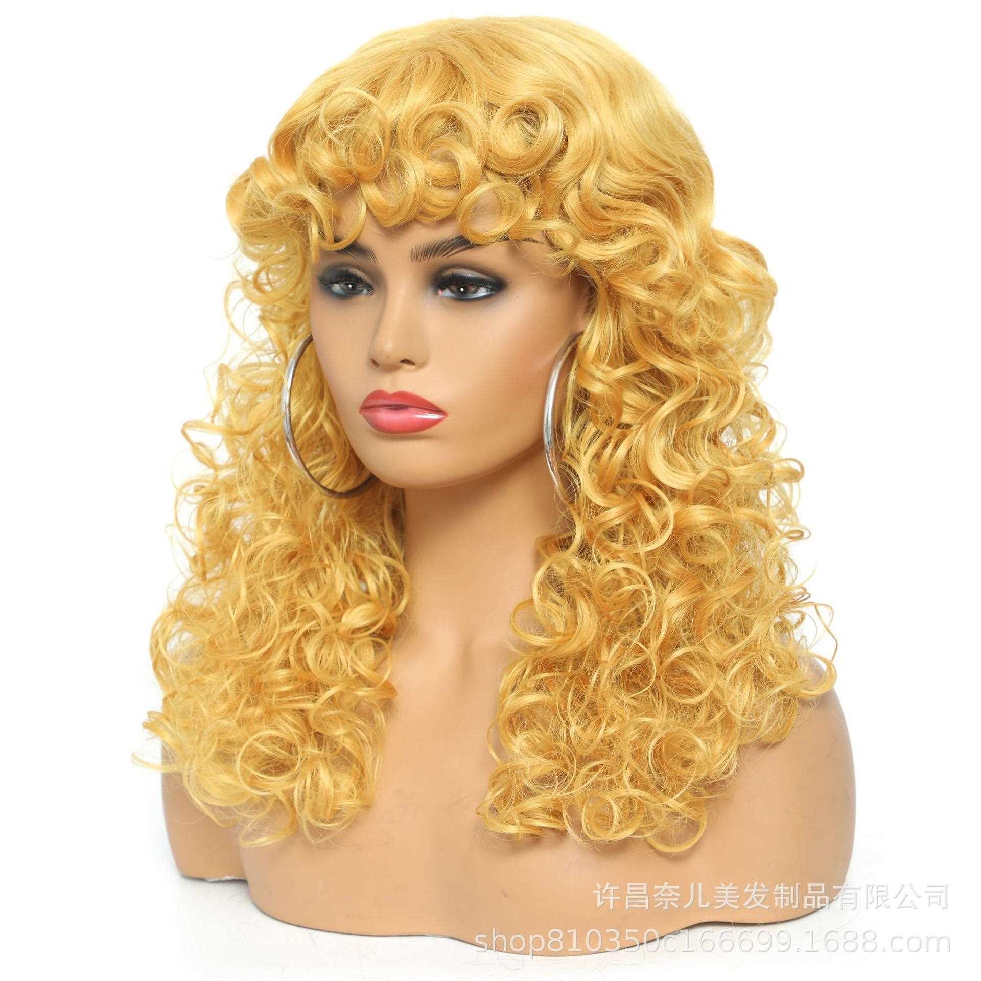 新款直销欧美假发女金色长卷发小卷带刘海自然蓬松化纤时尚气质玫